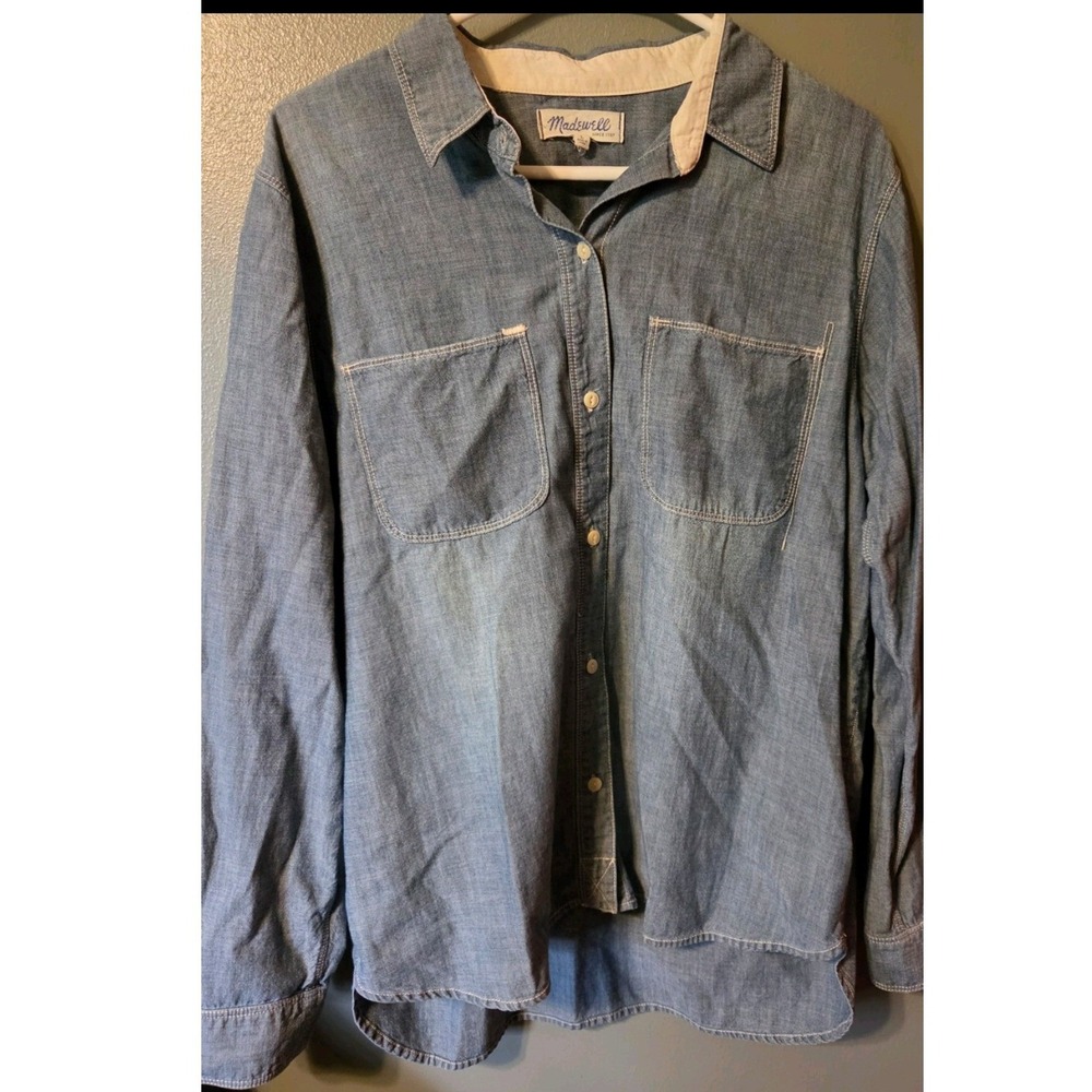 Madewell Womens Large Blue Chambray Button Down Long Sleeve Shirt Dual Pockets